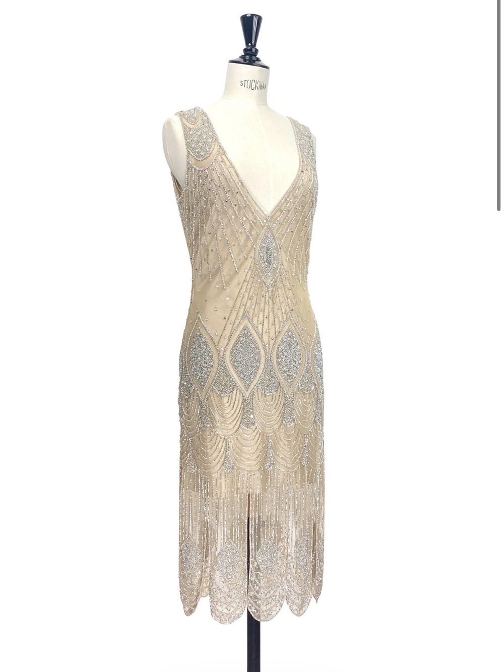 DecoHaus “The Starlet Gown” in Champagne Beaded Strapless Fringe Cocktail Dress